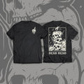 Black t-shirt with skull design on a gray background
