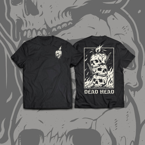 Black t-shirt with skull design on a gray background